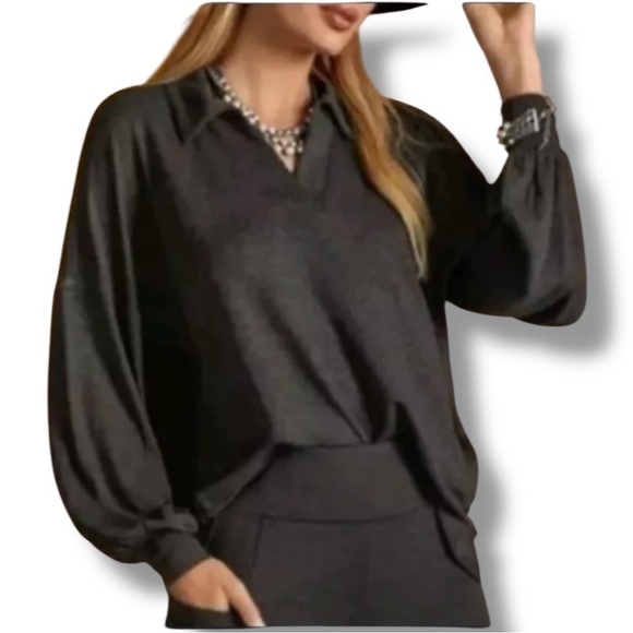 NWOT CAbi Size Small Dark Gray Long Sleeve V-neck Oversized Elegant Tee #4258 - Picture 1 of 7